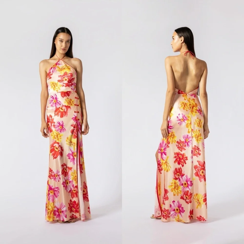 NWT Sau Lee Tess Floral Halter Backless Maxi Gown Size 10 - Picture 1 of 9